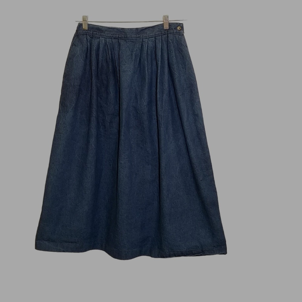 Vtg 80s Skirt A-Line Long Dark Wash Denim Mom S Pleats Elastic Pockets Modest - Picture 2 of 14